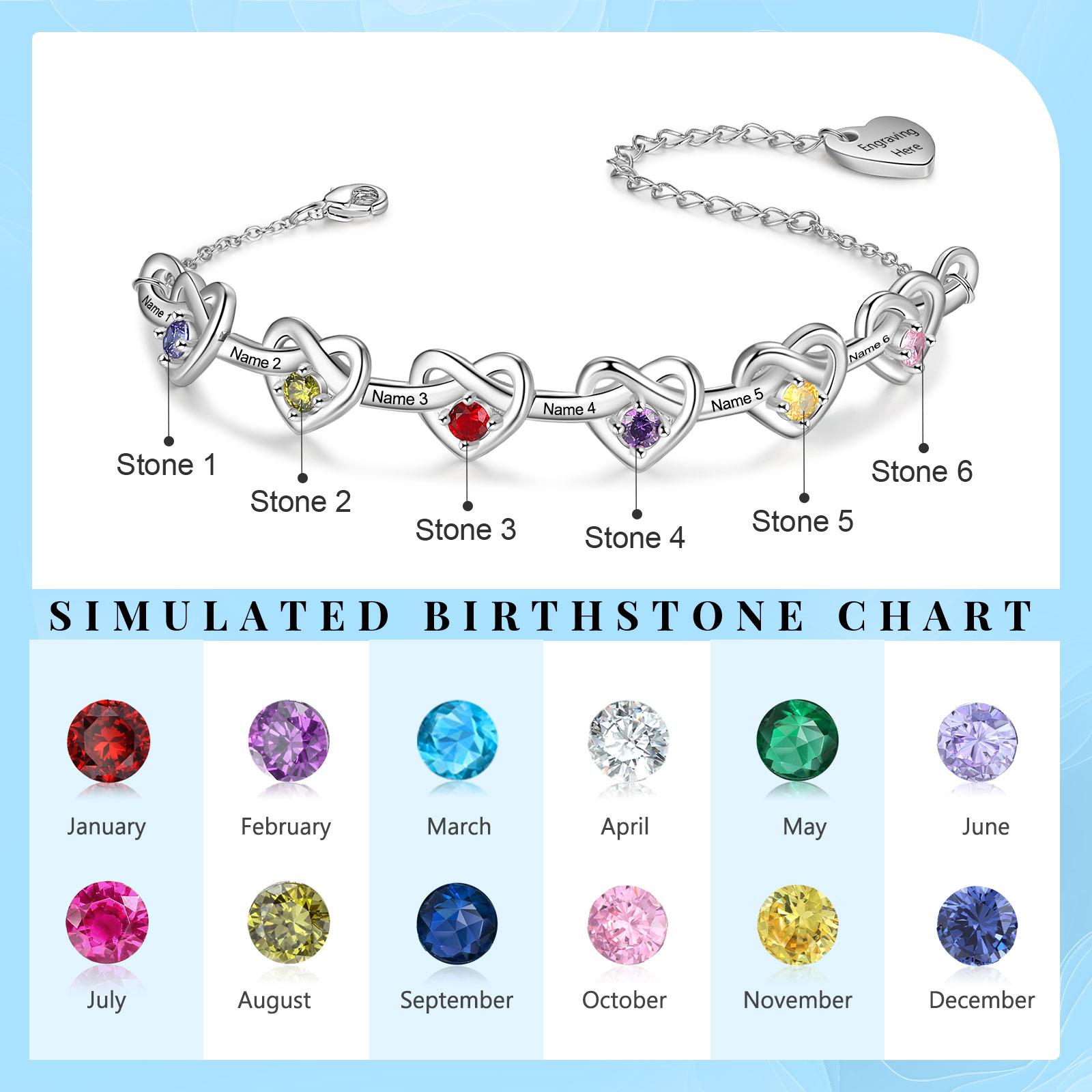 6 Names - Personalised Linked Heart Bracelet Custom Names & Birthstones & Text Bracelets Birthday Gift For Her