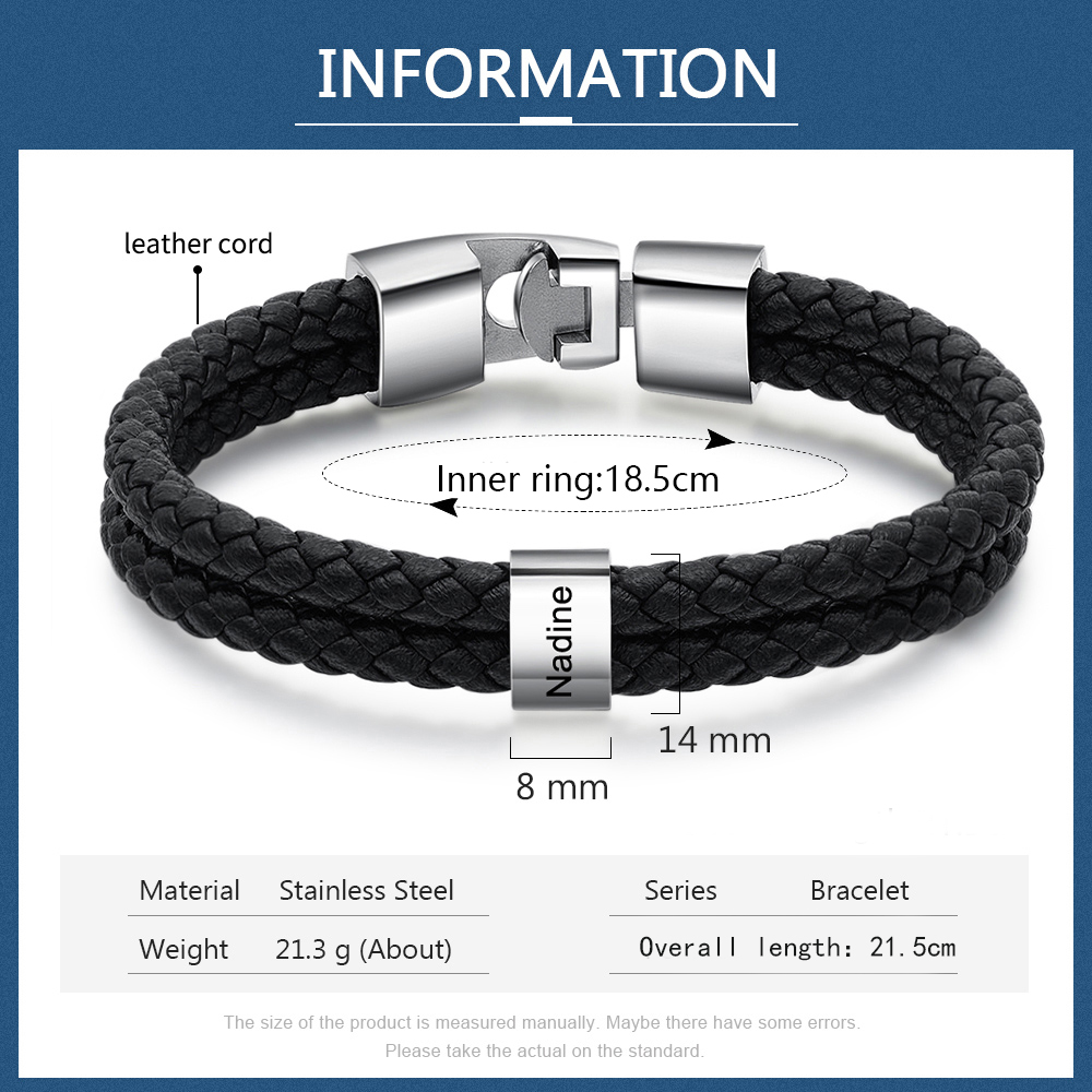 Personalised Braided Leather Mens Bracelet With Custom Engraved 1-6 Kids Names - Father's Day Gift for Dad | Jessemade