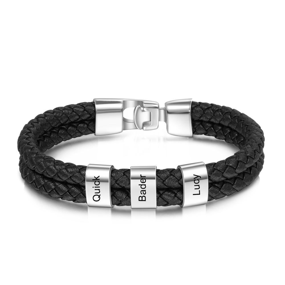 Personalised Braided Leather Mens Bracelet With Custom Engraved 1-6 Kids Names - Father's Day Gift for Dad | Jessemade