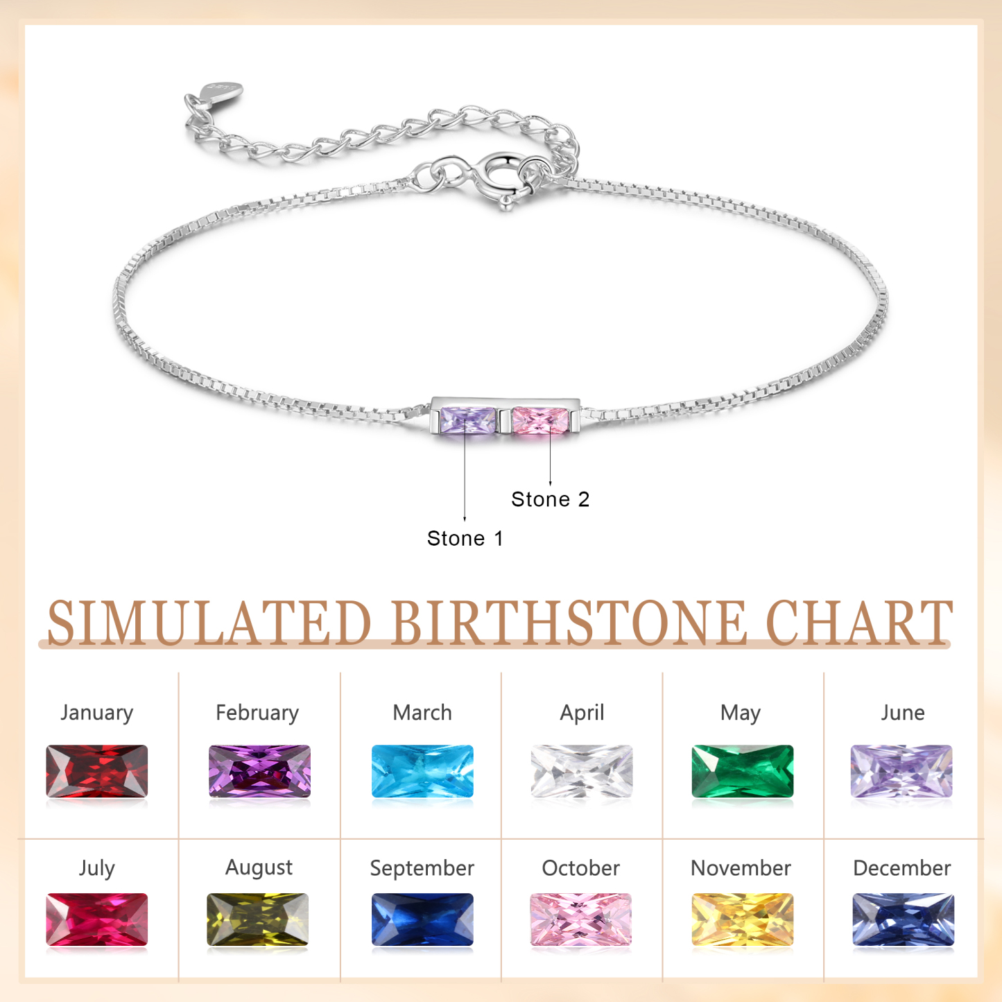 S925 Silver Custom 2 Birthstones Bracelet Gold Adjustable Bracelet Personalised Birthday Gift for Her