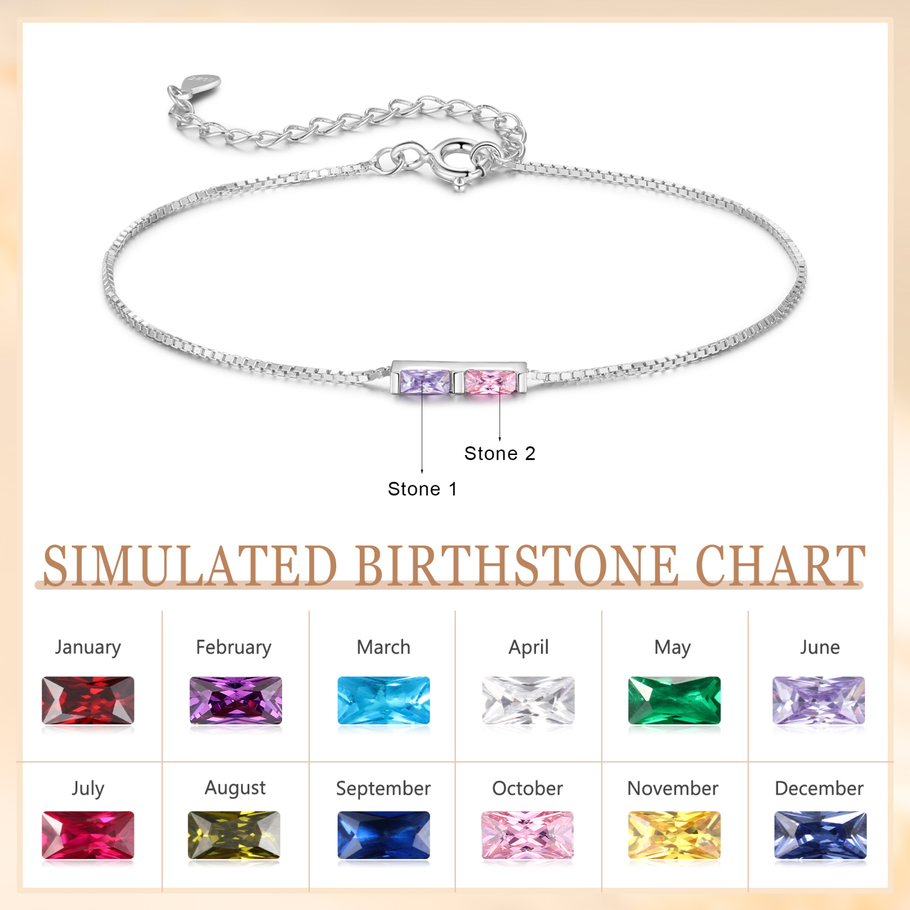 S925 Silver Custom 2 Birthstones Bracelet Gold Adjustable Bracelet Personalised Birthday Gift for Her