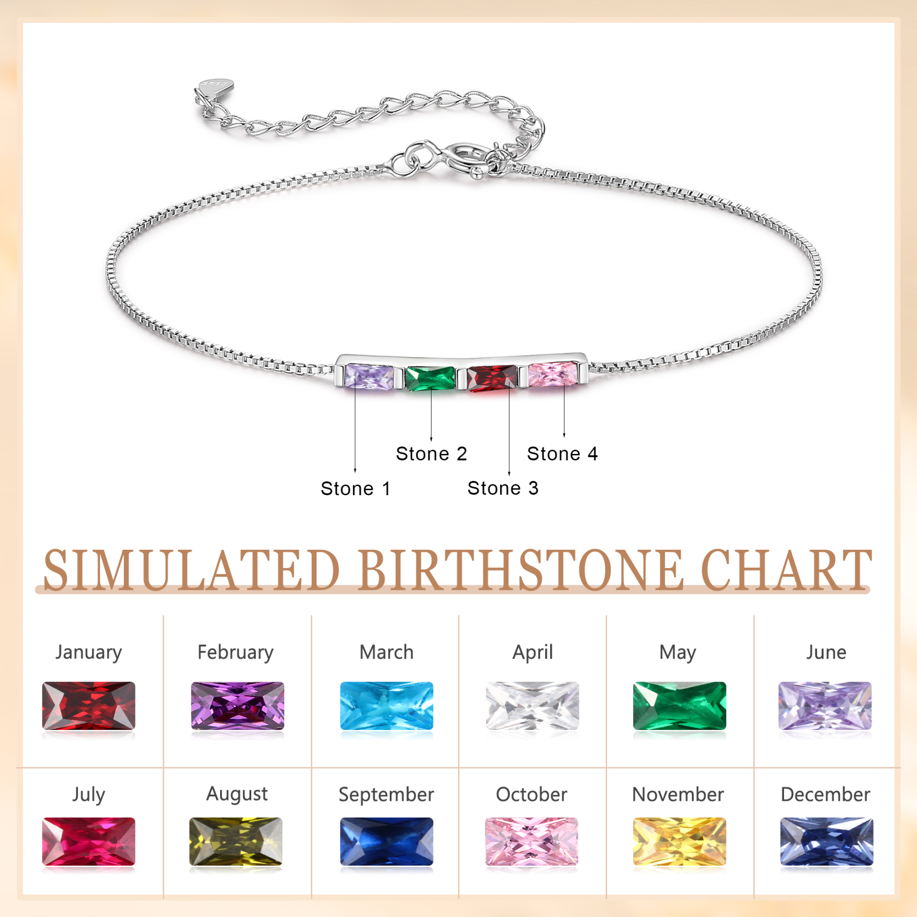 S925 Silver Custom 4 Birthstones Bracelet Gold Adjustable Bracelet Personalised Birthday Gift for Her