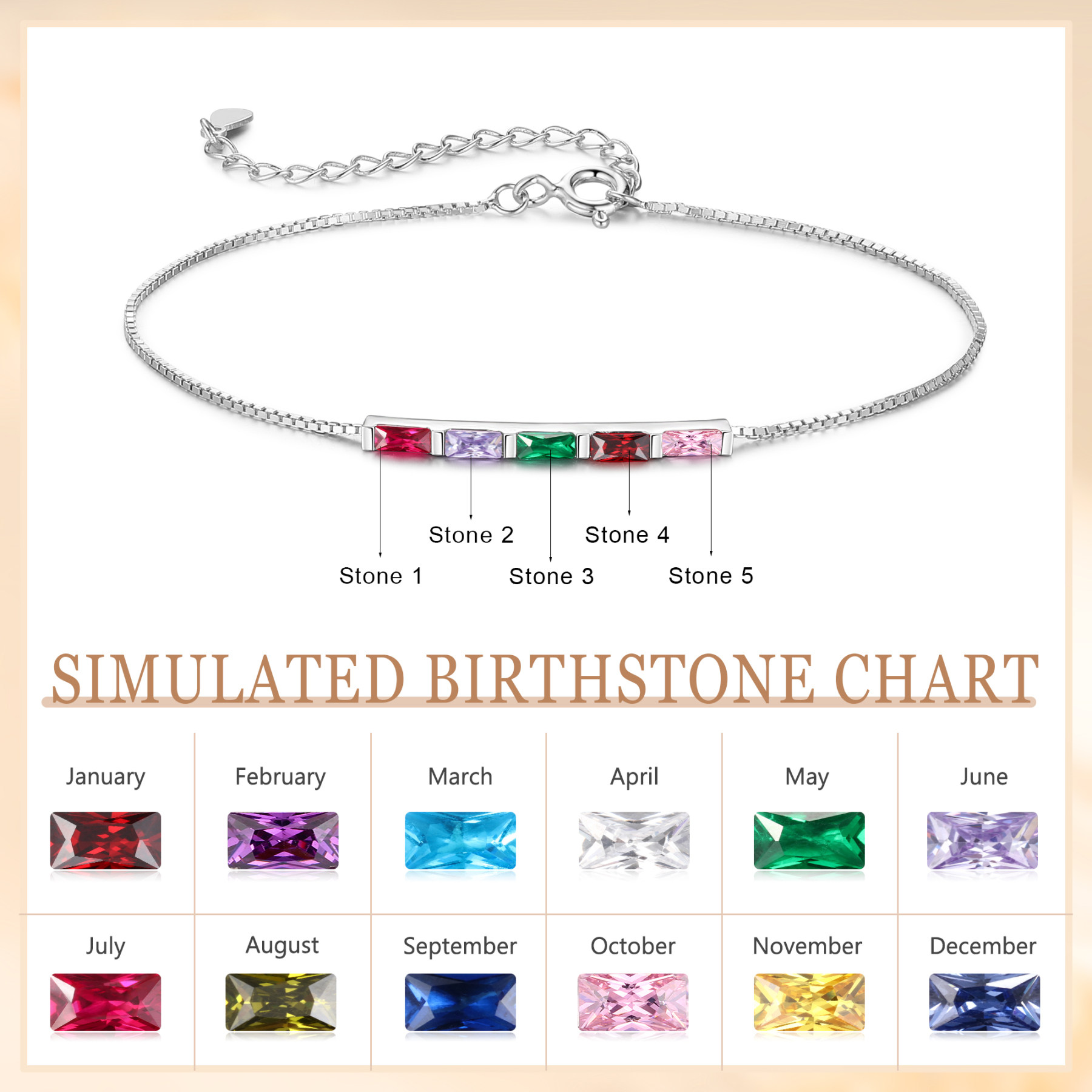S925 Silver Custom 5 Birthstones Bracelet Gold Adjustable Bracelet Personalised Birthday Gift for Her