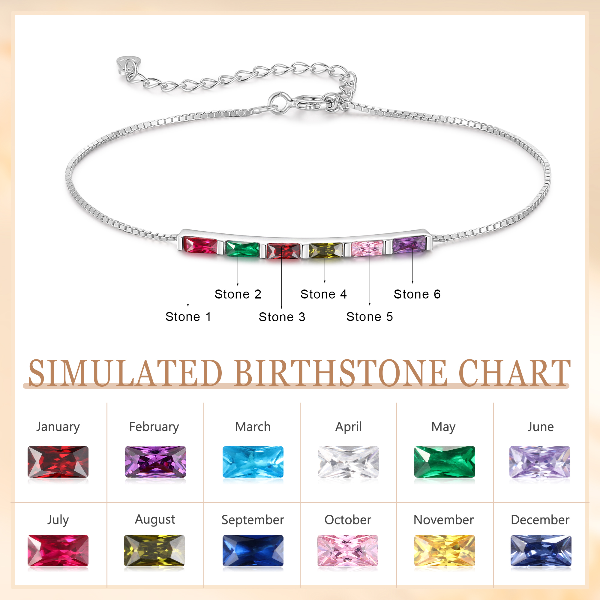S925 Silver Custom 6 Birthstones Bracelet Gold Adjustable Bracelet Personalised Birthday Gift for Her