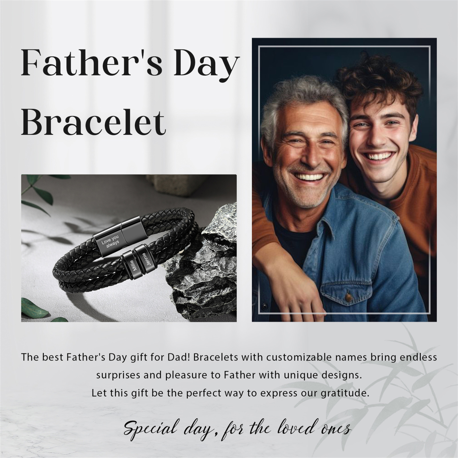 Personalised Men Bracelet with 2 Names & 1 Text - Custom Gift for Him | Jessemade