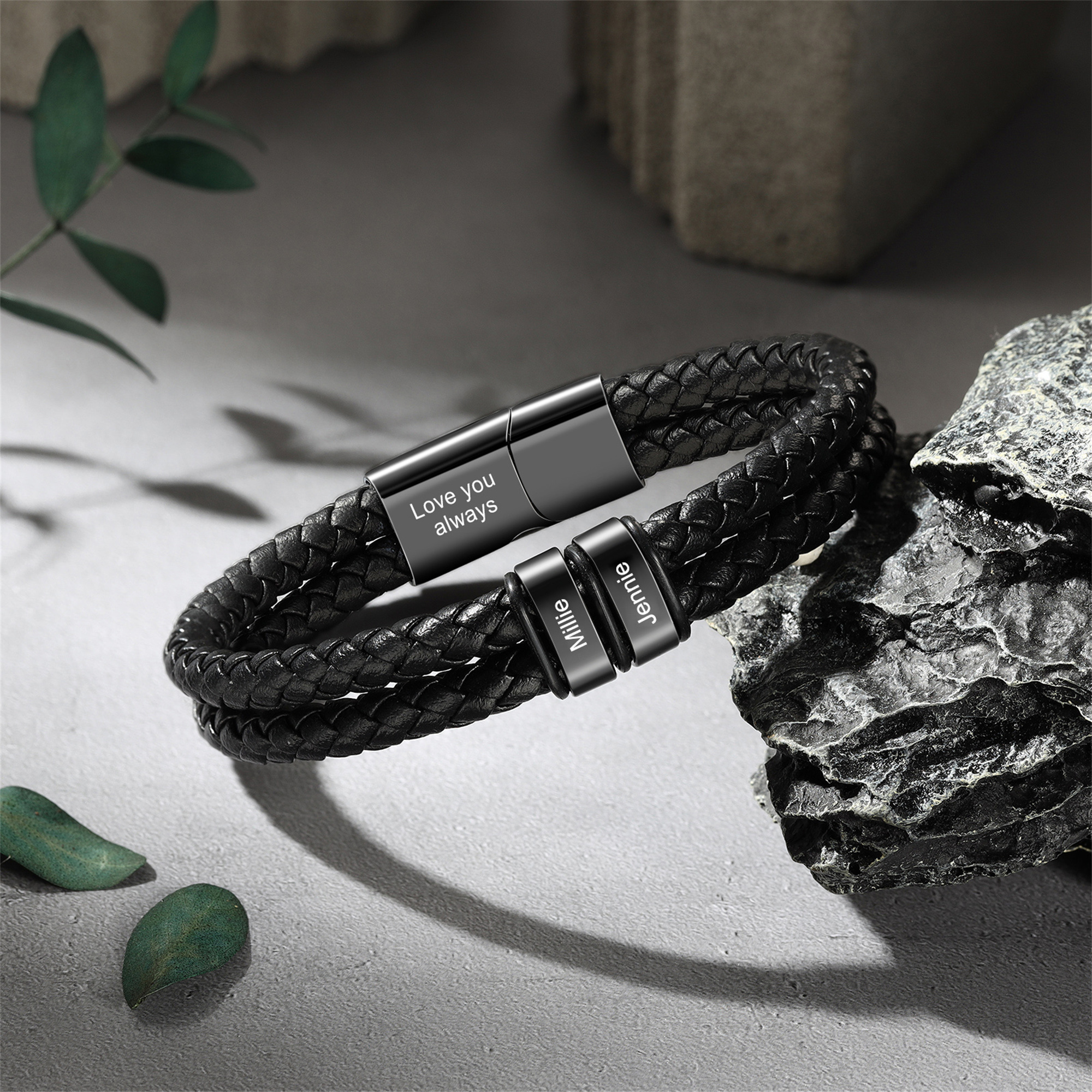 Personalised Men Bracelet with 2 Names & 1 Text - Custom Gift for Him | Jessemade