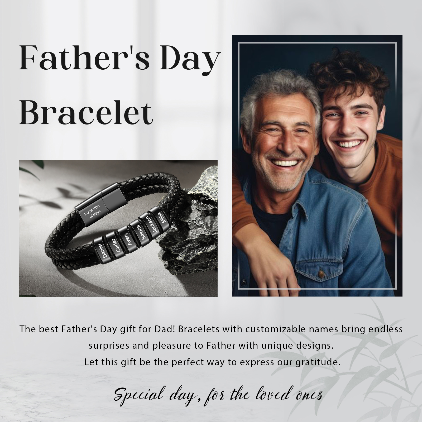 Personalised Men Bracelet with 6 Names & 1 Text - Custom Gift for Him | Jessemade