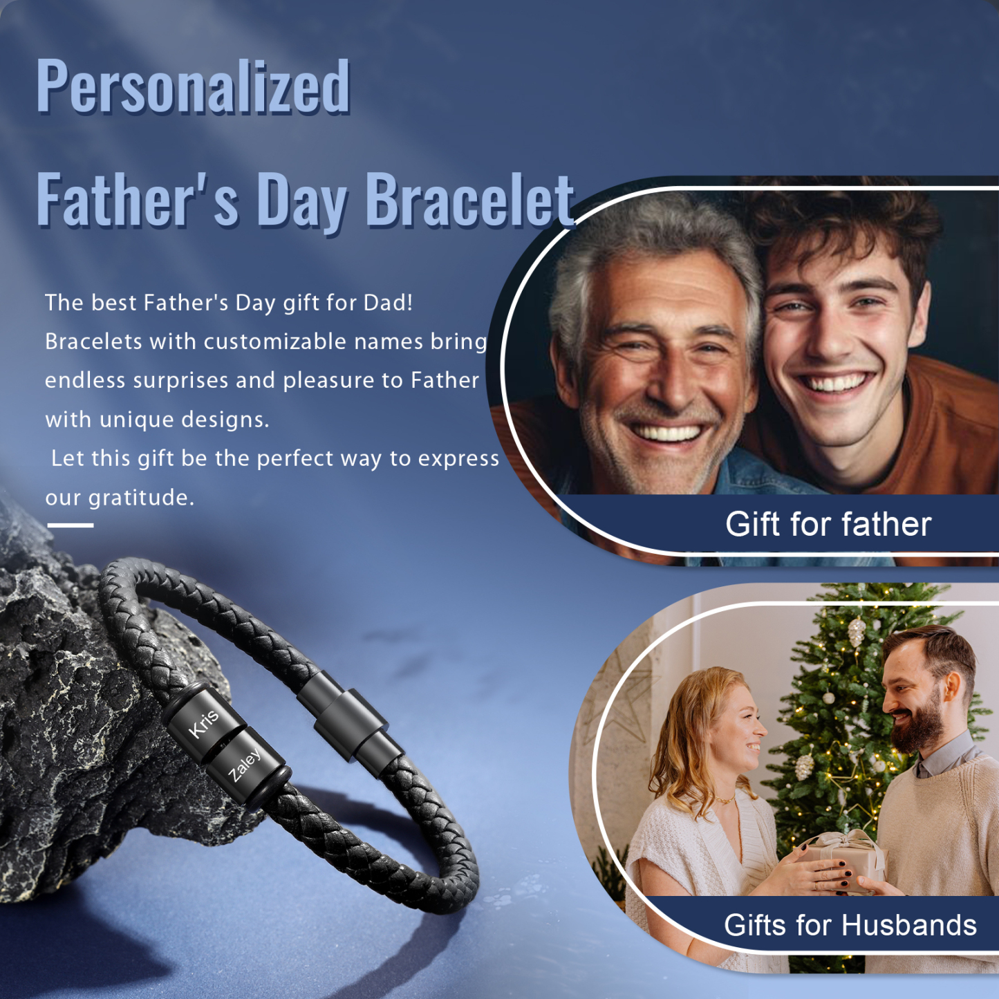 2 Names - Personalised Men's Leather Bracelet Custom Beaded Bracelets Fathers Day Gifts for Him-Jessemade AU