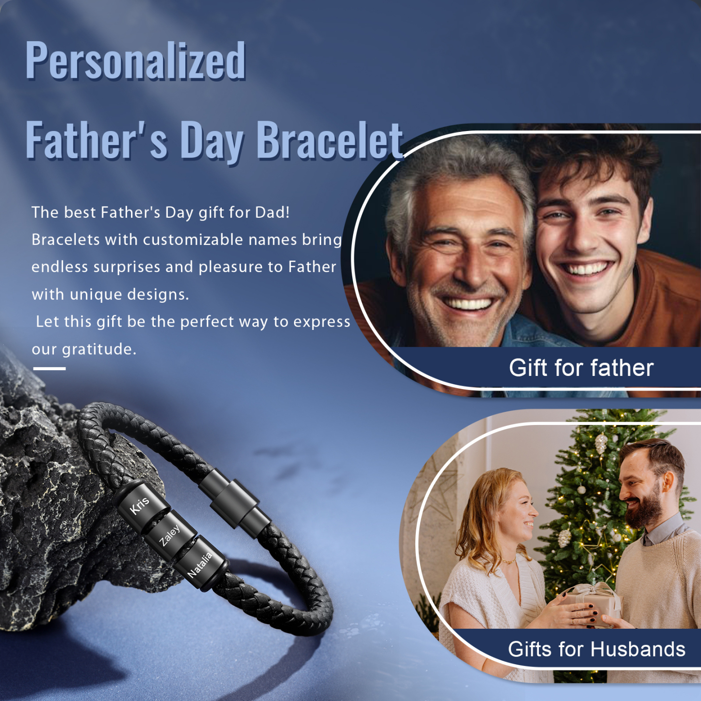 3 Names - Personalised Men's Leather Bracelet Custom Beaded Bracelets Fathers Day Gifts for Him-Jessemade AU