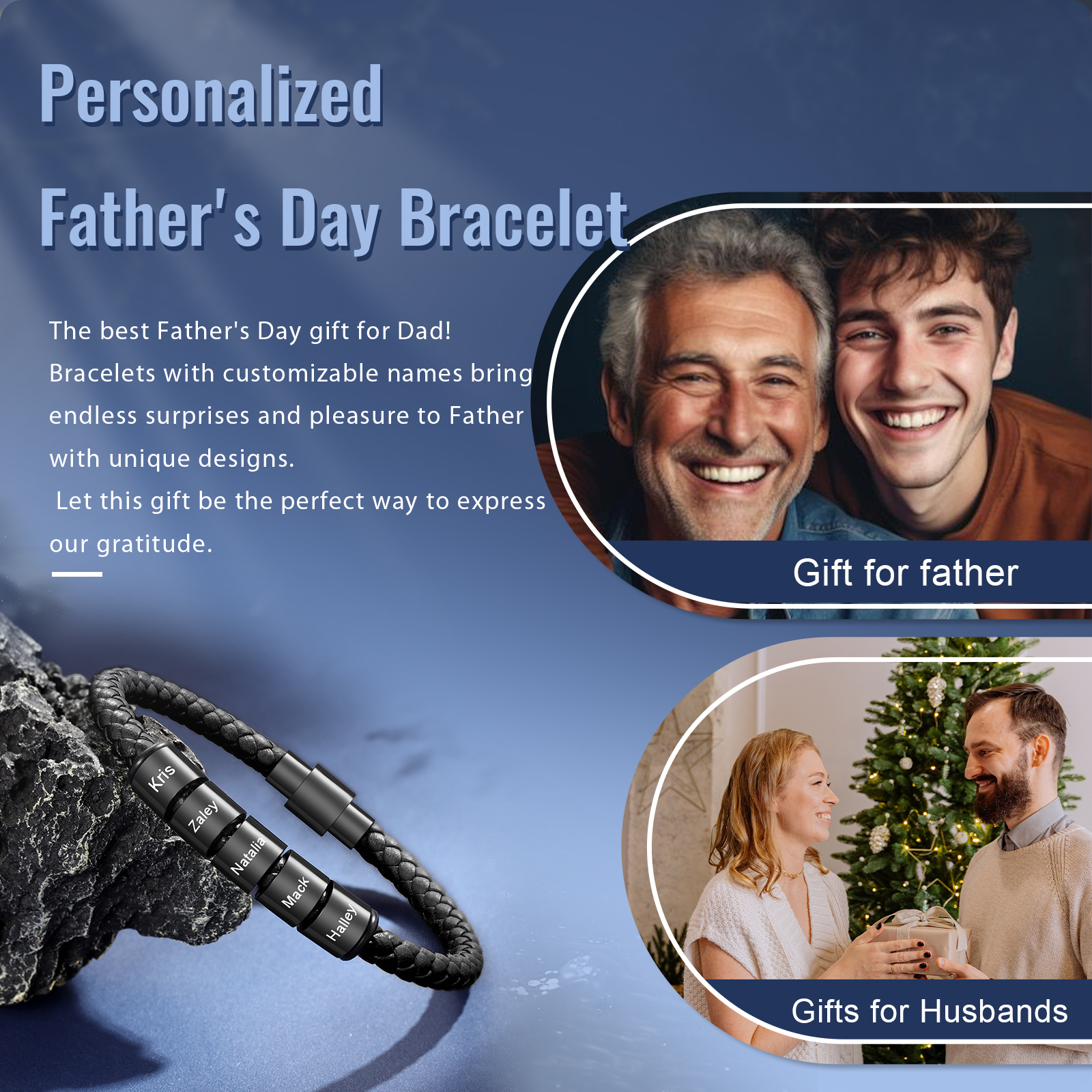 5 Names - Personalised Men's Leather Bracelet Custom Beaded Bracelets Fathers Day Gifts for Him-Jessemade AU