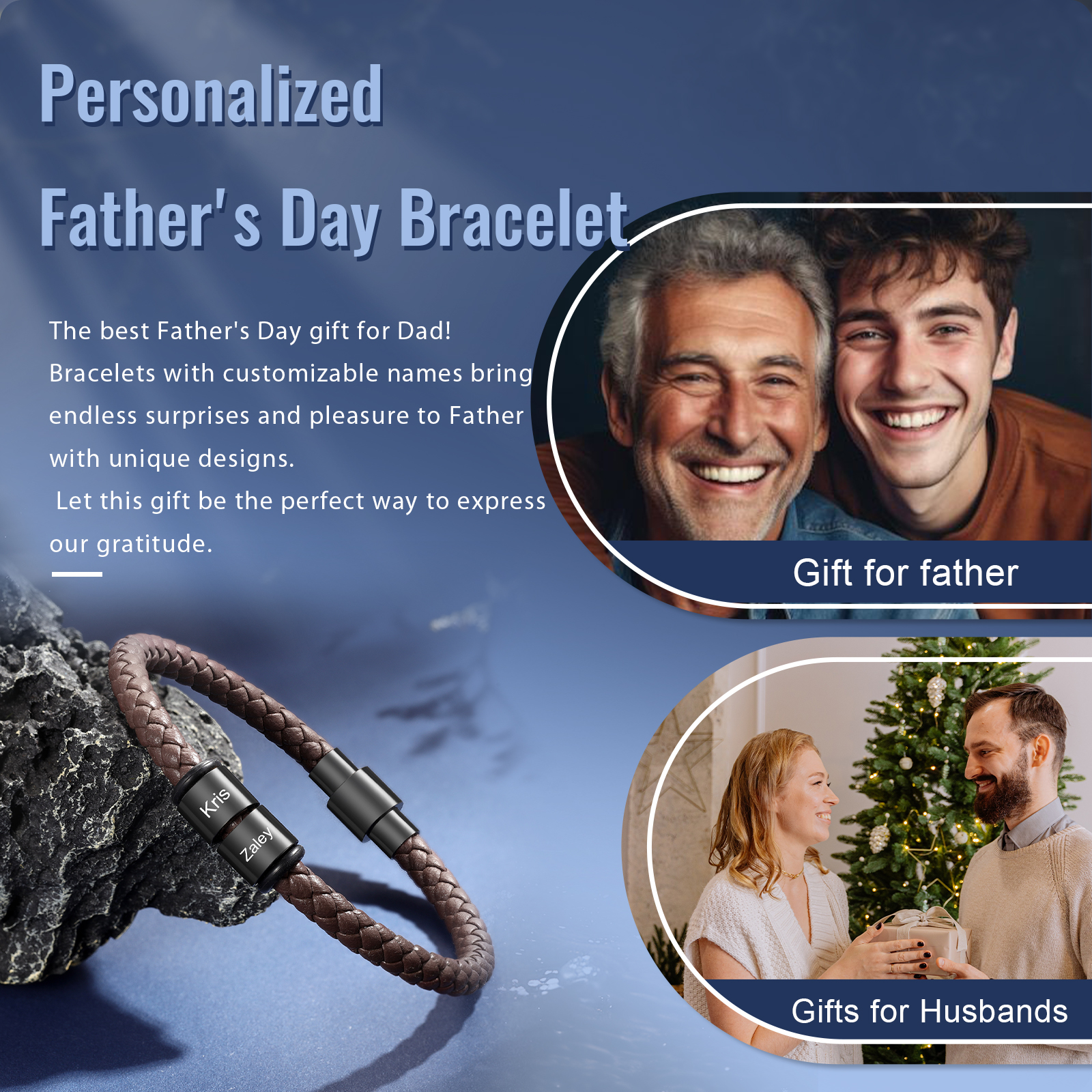 2 Names - Personalised Men's Leather Bracelet Custom Beaded Bracelets Fathers Day Gifts for Him-Jessemade AU