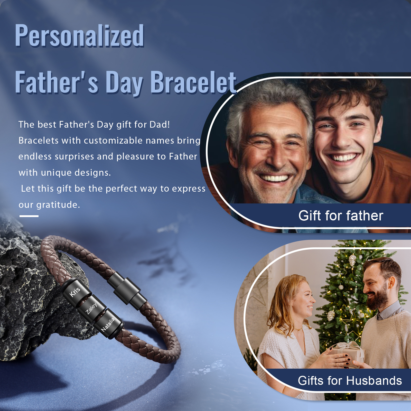 3 Names - Personalised Men's Leather Bracelet Custom Beaded Bracelets Fathers Day Gifts for Him-Jessemade AU