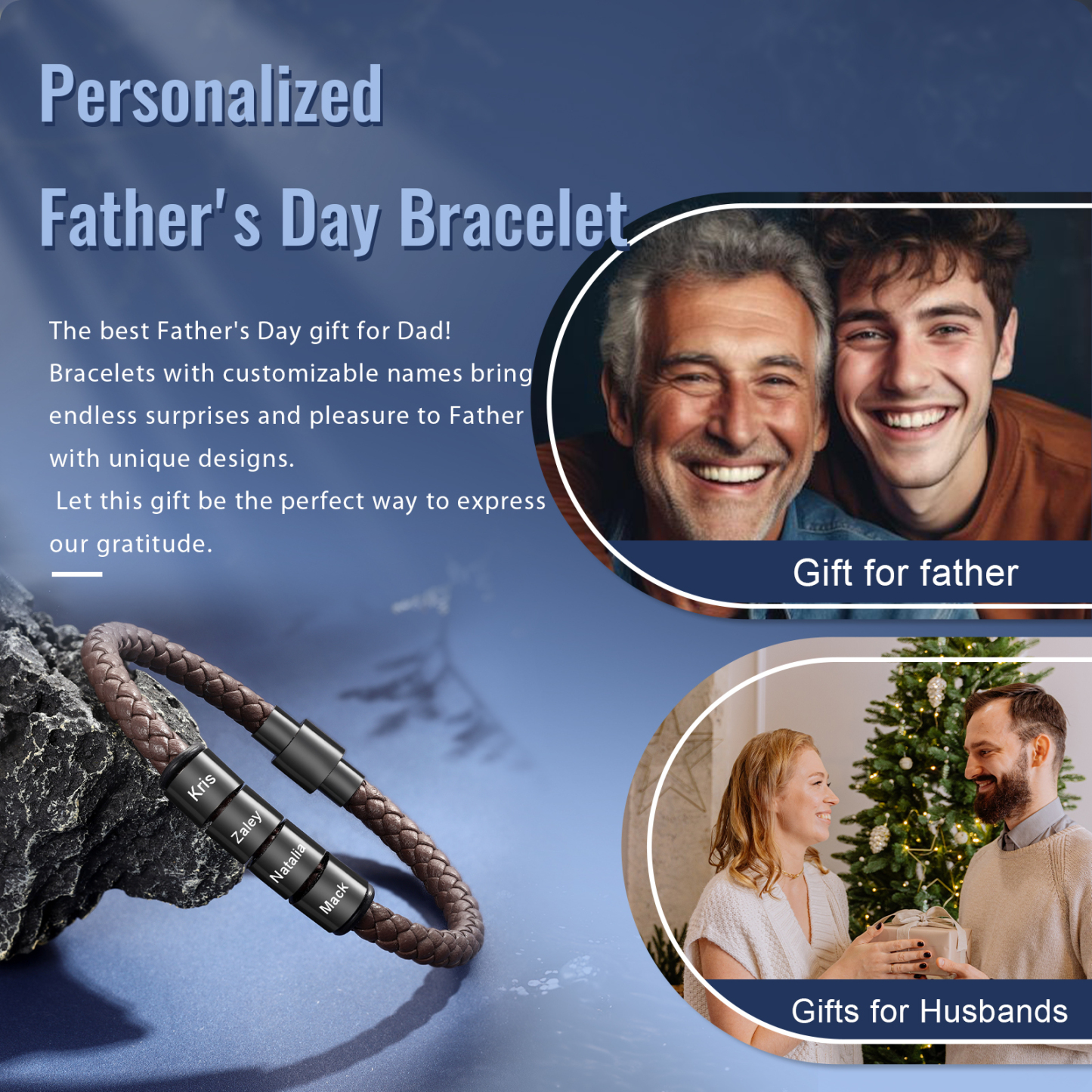 4 Names - Personalised Men's Leather Bracelet Custom Beaded Bracelets Fathers Day Gifts for Him-Jessemade AU