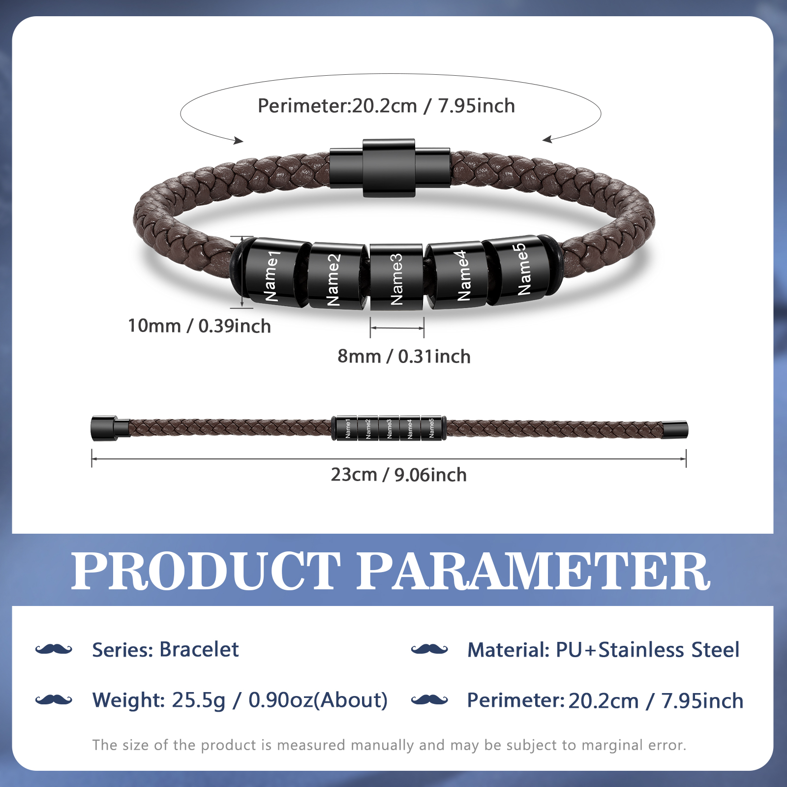 5 Names - Personalised Men's Leather Bracelet Custom Beaded Bracelets Fathers Day Gifts for Him-Jessemade AU