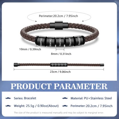 5 Names - Personalised Men's Leather Bracelet Custom Beaded Bracelets Fathers Day Gifts for Him-Jessemade AU