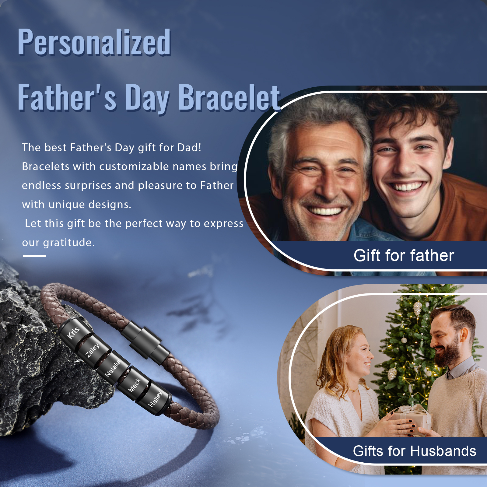 5 Names - Personalised Men's Leather Bracelet Custom Beaded Bracelets Fathers Day Gifts for Him-Jessemade AU