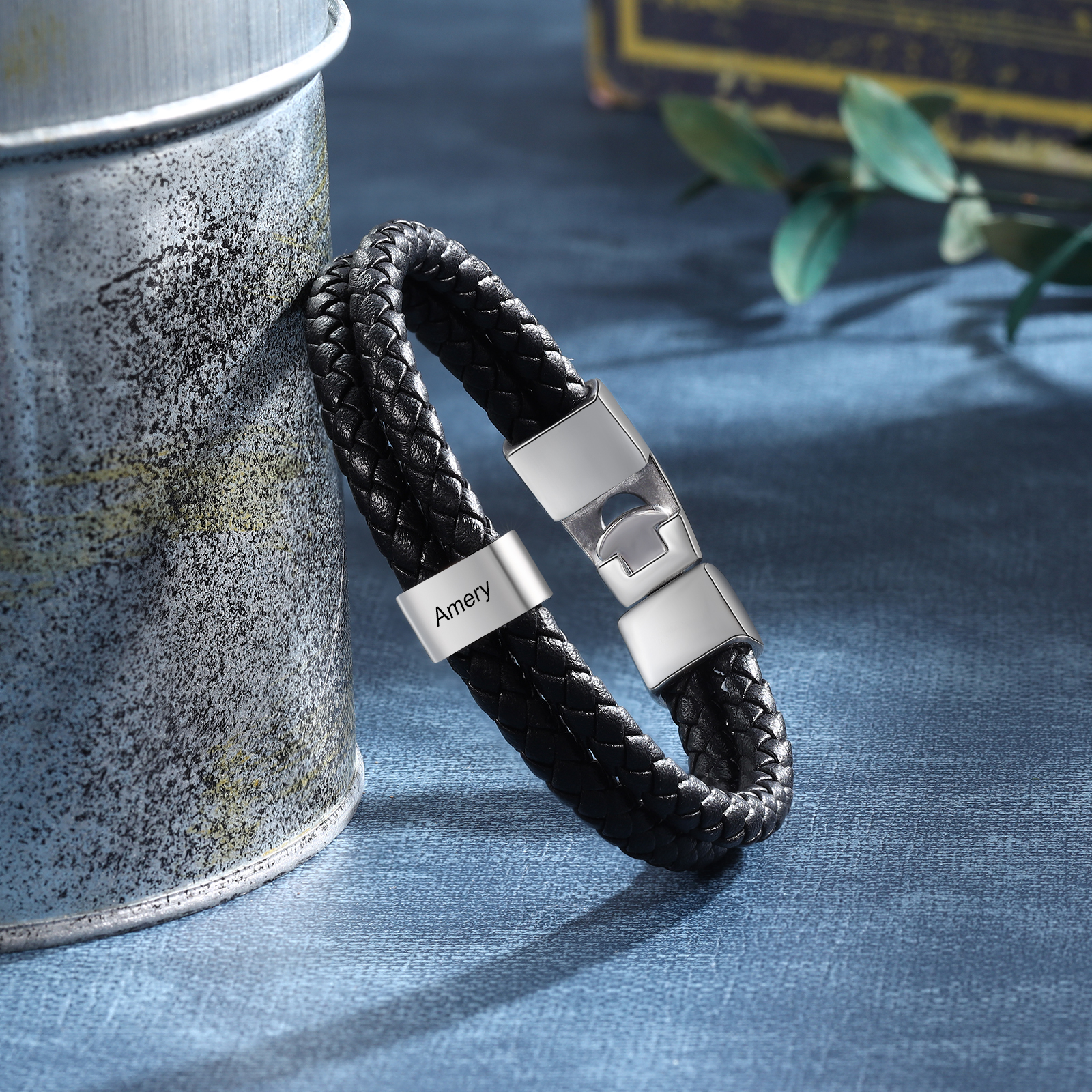 Personalised Braided Leather Bracelet Engraved 1 Name Men's Bracelet Gifts for Poppy-Jessemade AU
