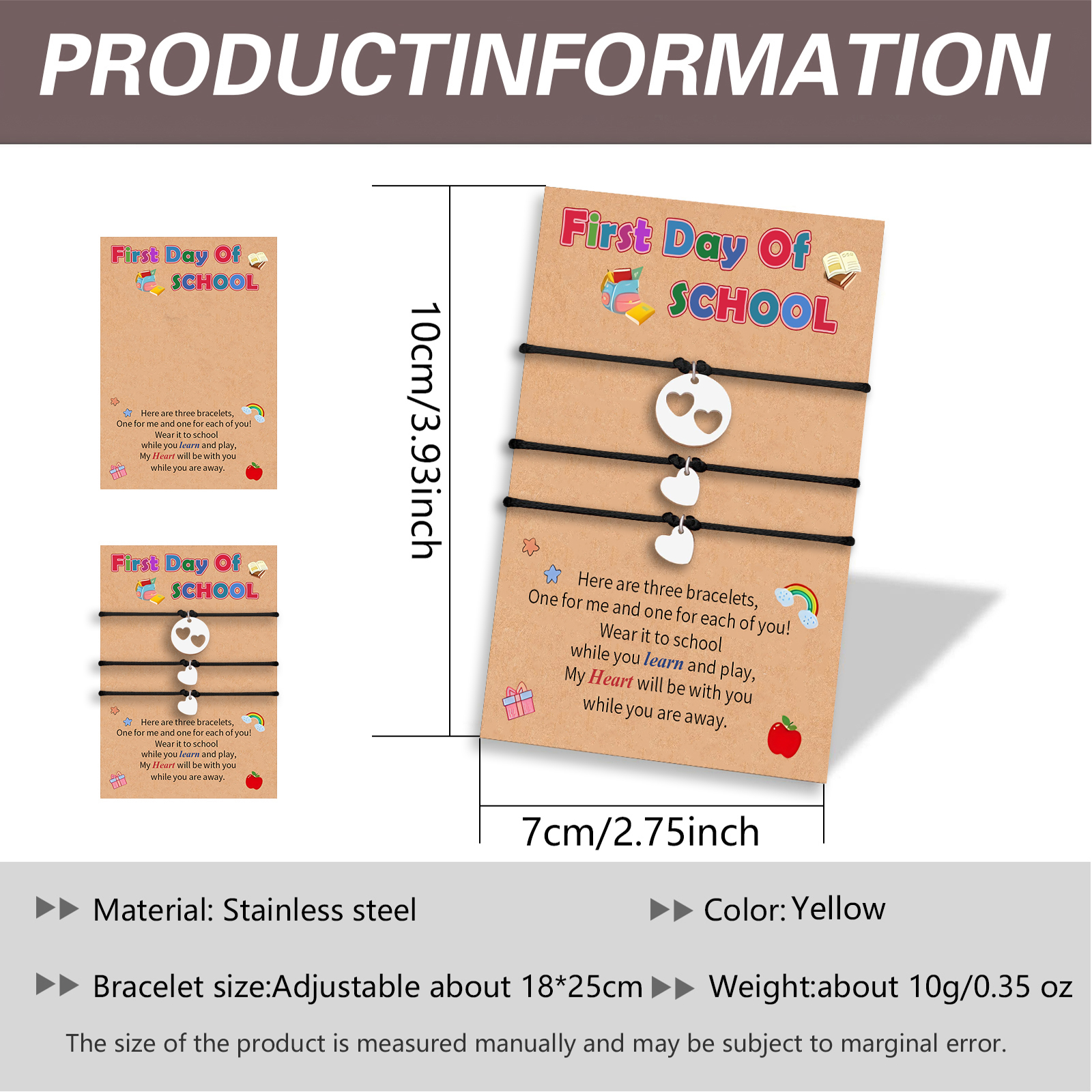 3PCS Adjustable Heart Bracelet Gift for Girl with Card Back to School Bracelet Set A Thoughtful Gift for Kids