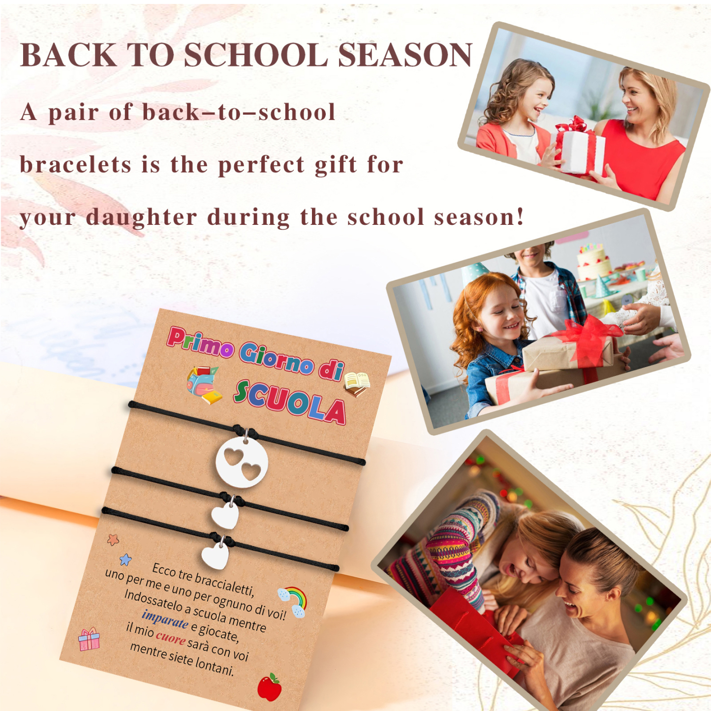 3PCS Adjustable Heart Bracelet Gift for Girl with Card Back to School Bracelet Set A Thoughtful Gift for Kids