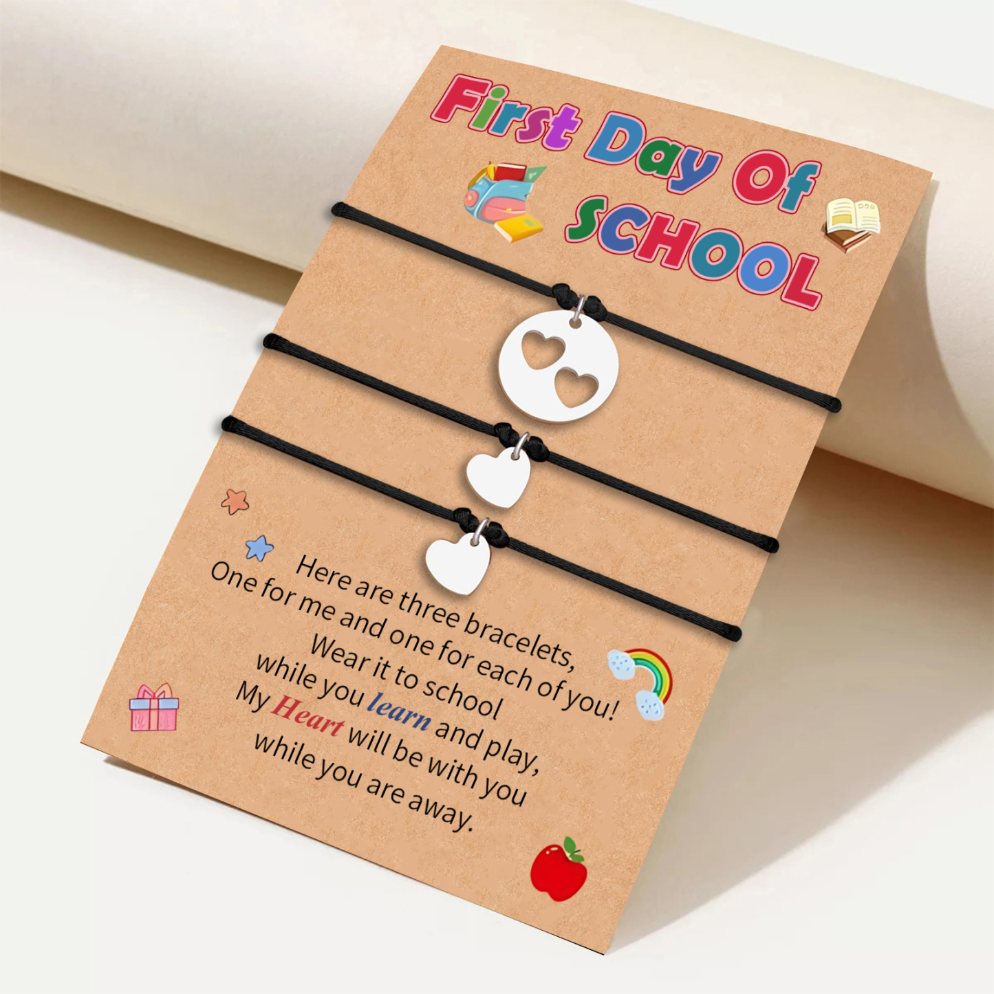 3PCS Adjustable Heart Bracelet Gift for Girl with Card Back to School Bracelet Set A Thoughtful Gift for Kids