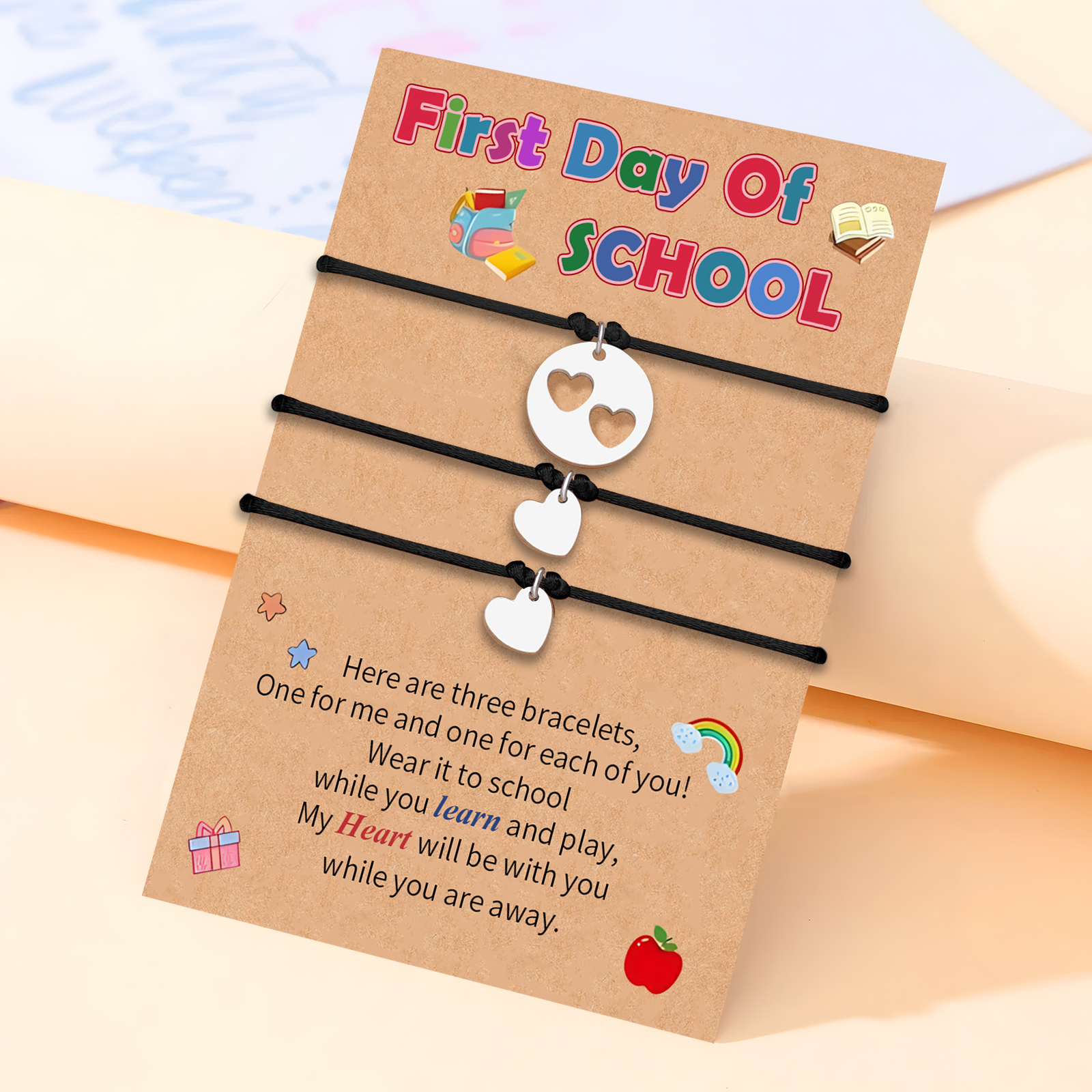 3PCS Adjustable Heart Bracelet Gift for Girl with Card Back to School Bracelet Set A Thoughtful Gift for Kids