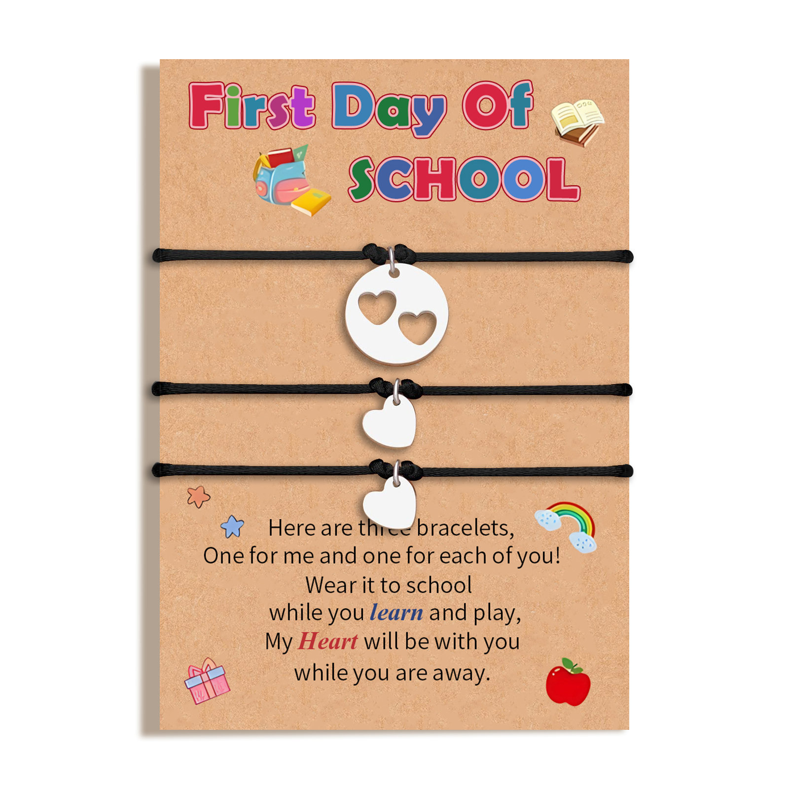 3PCS Adjustable Heart Bracelet Gift for Girl with Card Back to School Bracelet Set A Thoughtful Gift for Kids