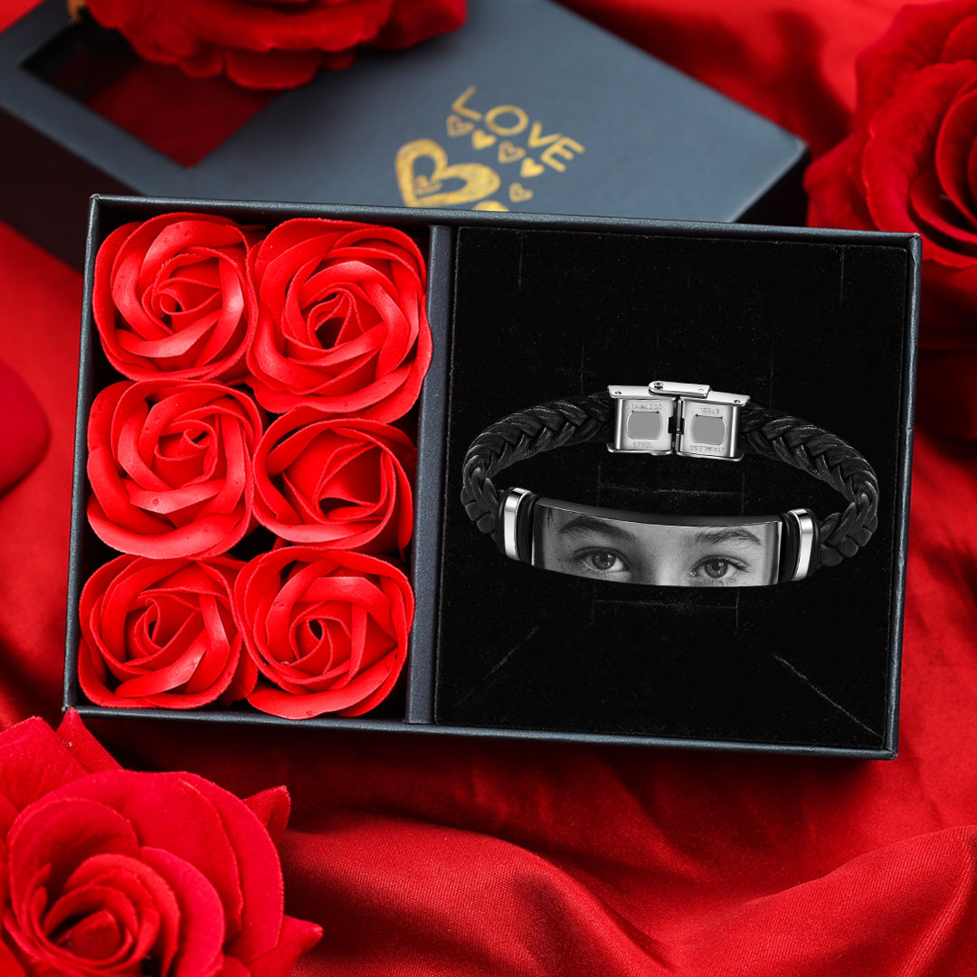 Custom Eye Bracelet with Photo for Men Personalised Valentines Day Gift in Stainless Steel