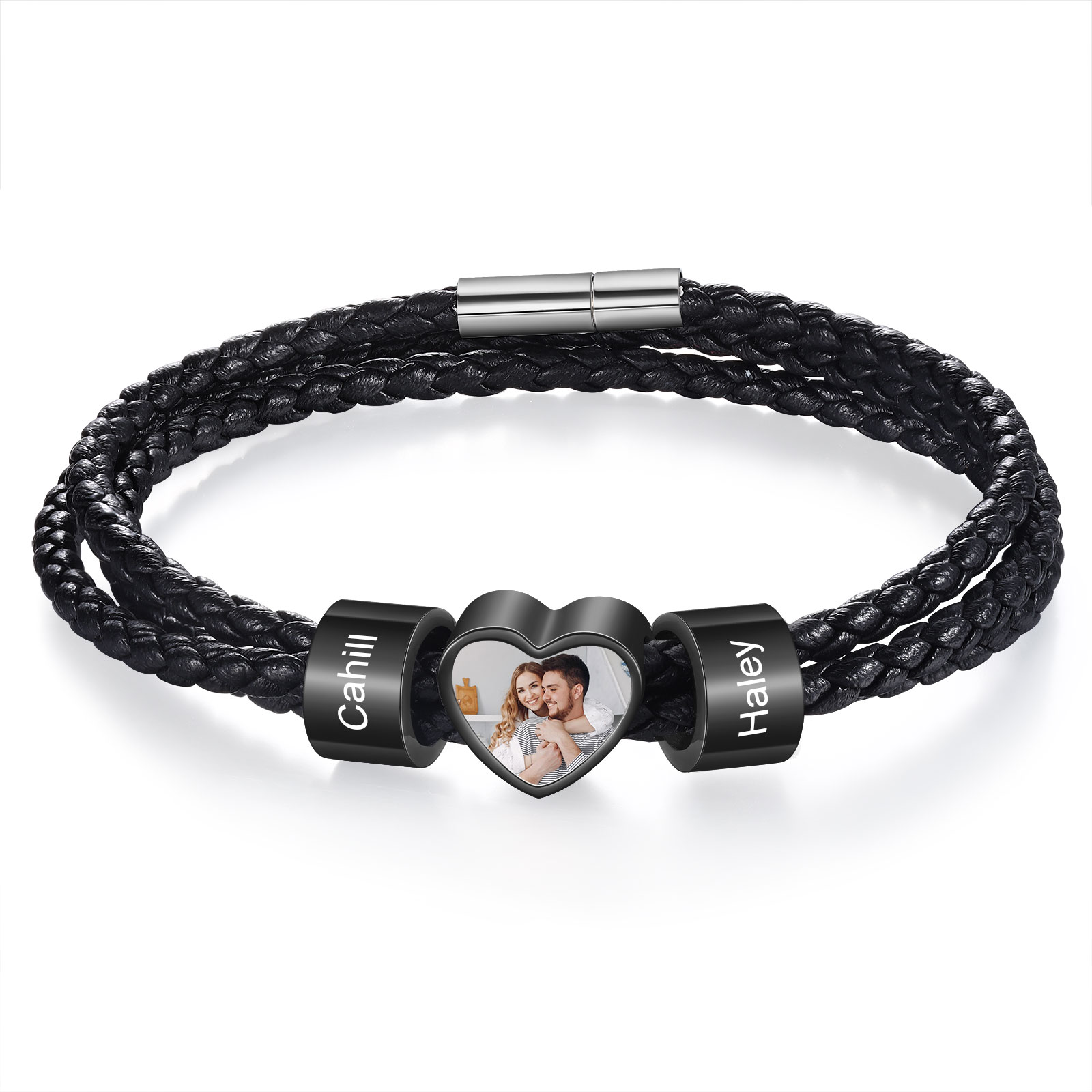 Personalised Men's Leather Bracelet Custom 1 Photo & 2–6 Names Black Gift for Him-Jessemade AU