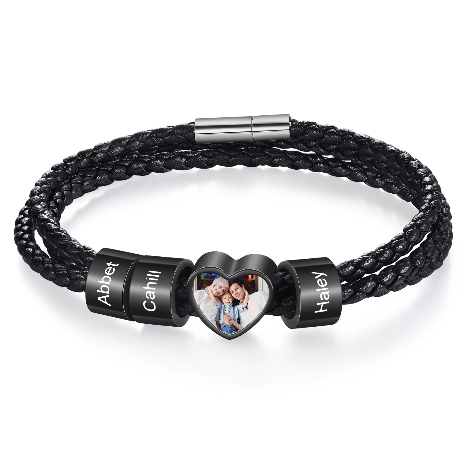 Personalised Men's Leather Bracelet Custom 1 Photo & 2–6 Names Black Gift for Him-Jessemade AU