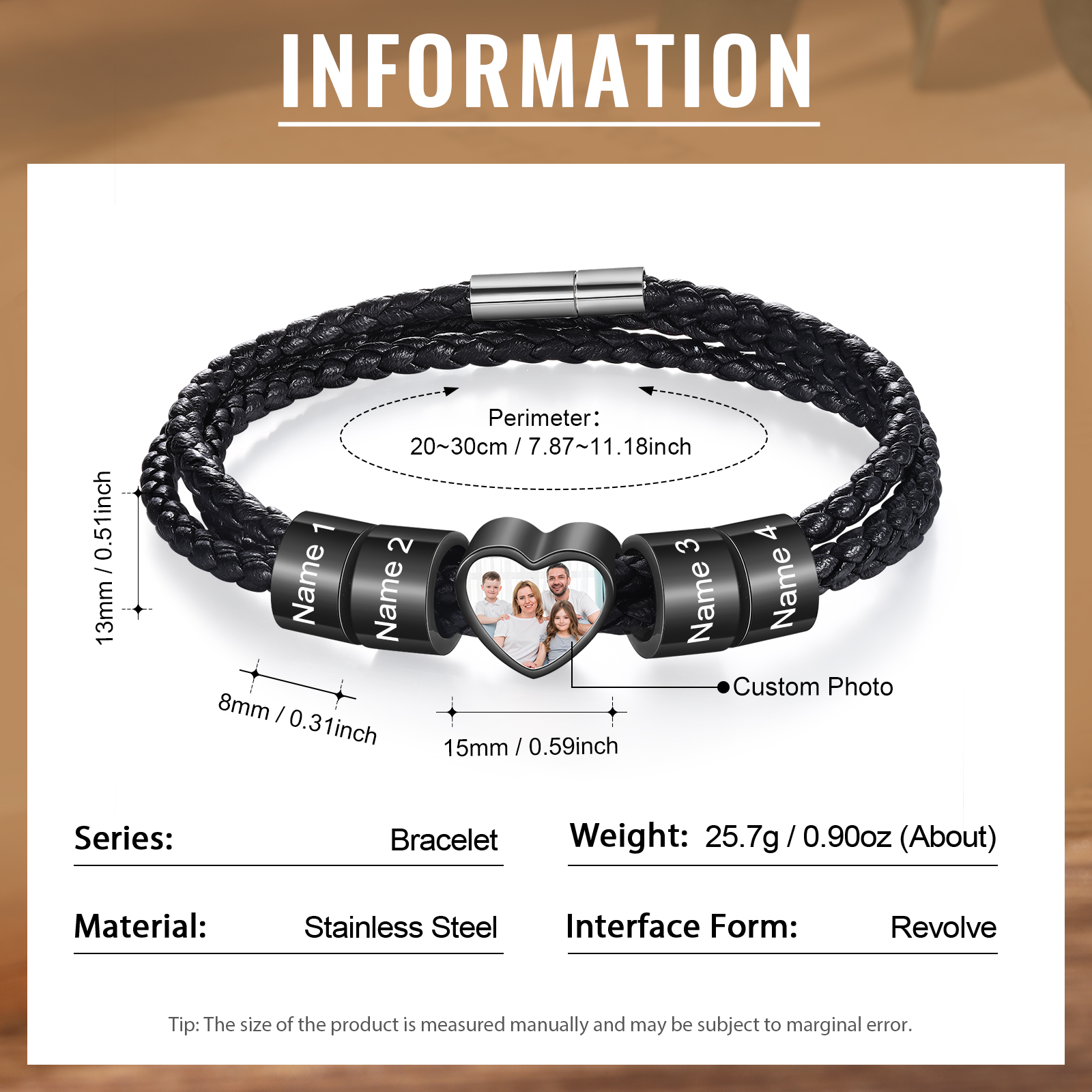 Personalised Men's Leather Bracelet Custom 1 Photo & 2–6 Names Black Gift for Him-Jessemade AU