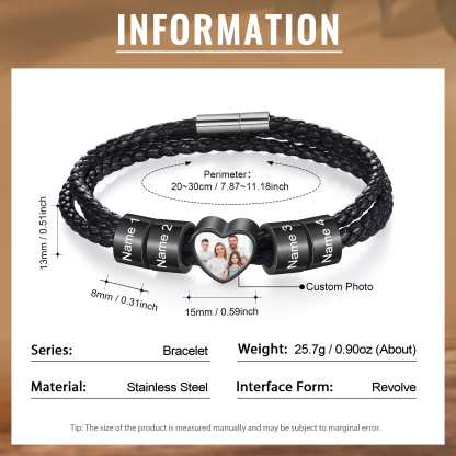 Personalised Men's Leather Bracelet Custom 1 Photo & 2–6 Names Black Gift for Him-Jessemade AU