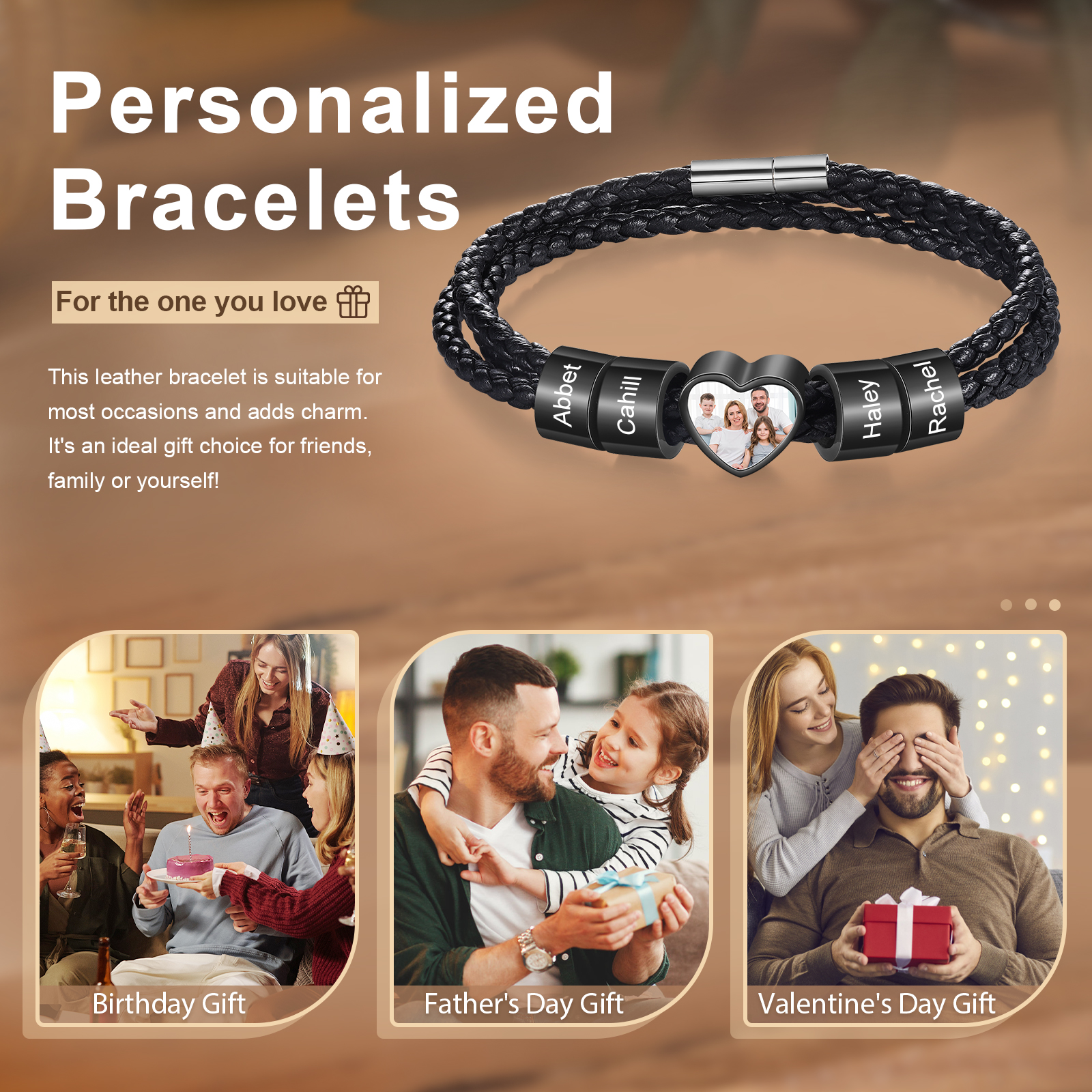 Personalised Men's Leather Bracelet Custom 1 Photo & 2–6 Names Black Gift for Him-Jessemade AU