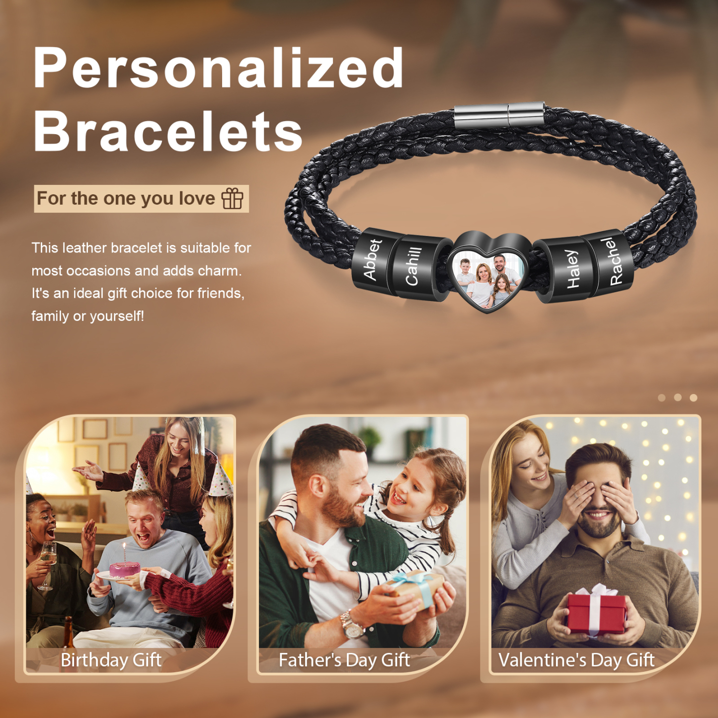 Personalised Men's Leather Bracelet Custom 1 Photo & 2–6 Names Black Gift for Him-Jessemade AU