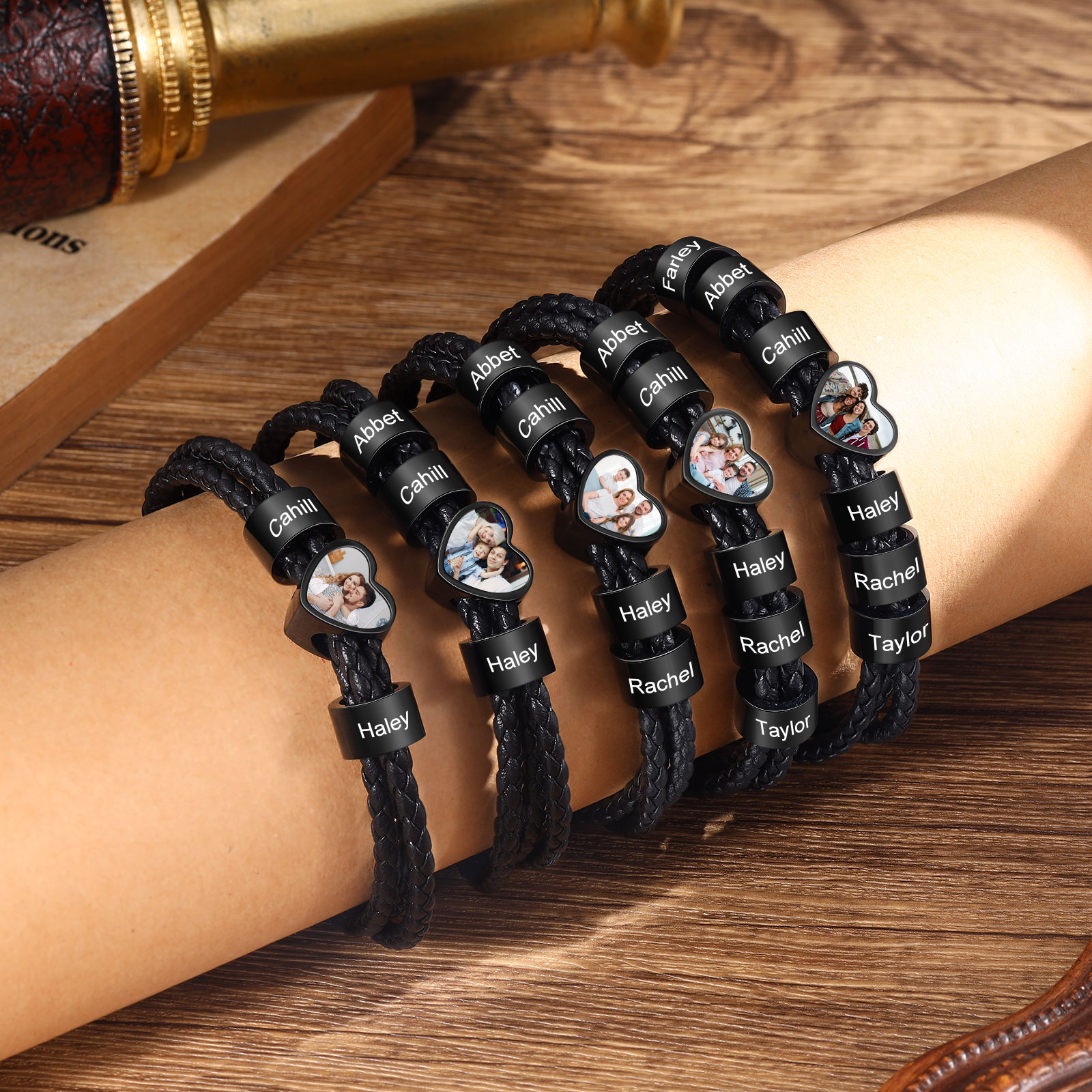 Personalised Men's Leather Bracelet Custom 1 Photo & 2–6 Names Black Gift for Him-Jessemade AU