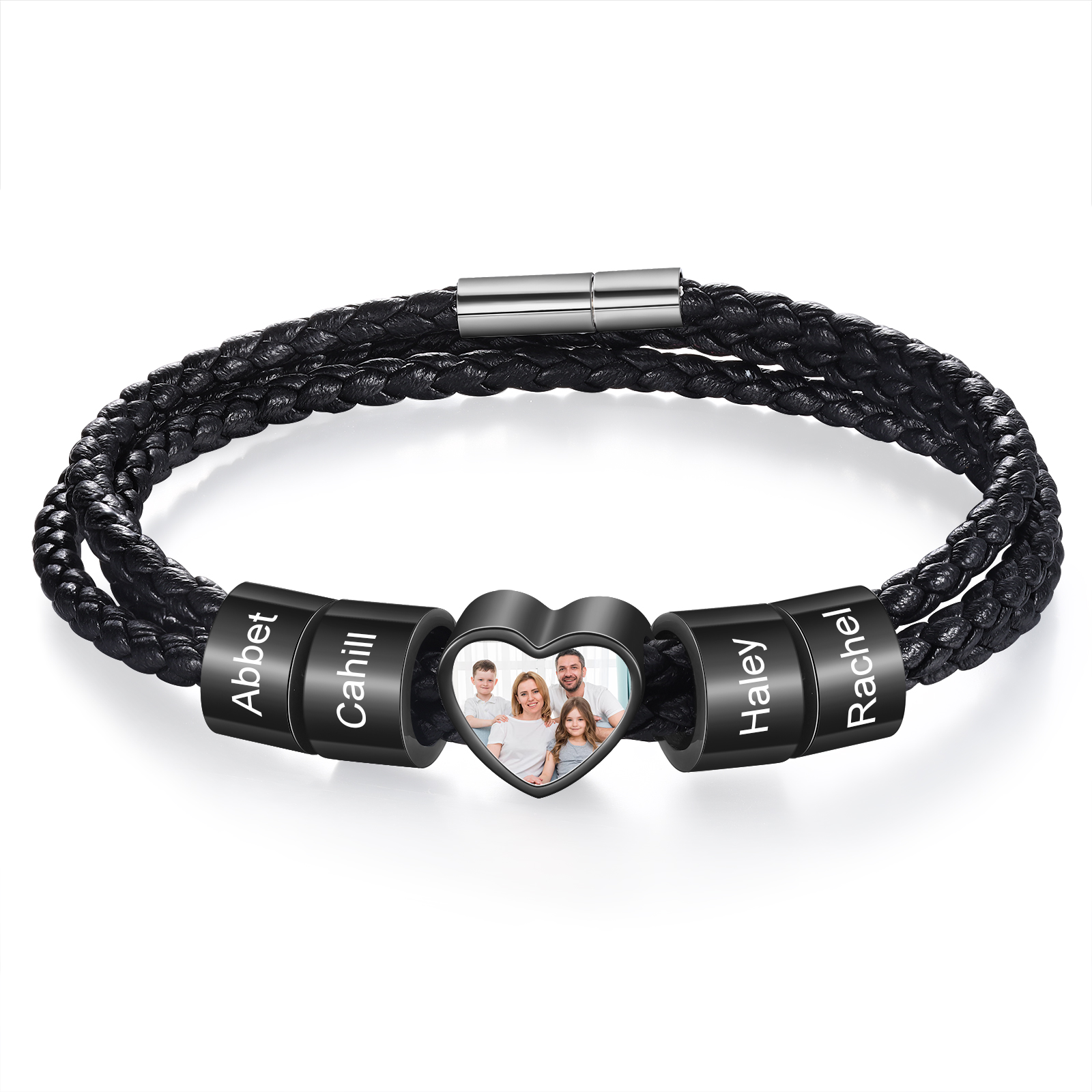 Personalised Men's Leather Bracelet Custom 1 Photo & 2–6 Names Black Gift for Him