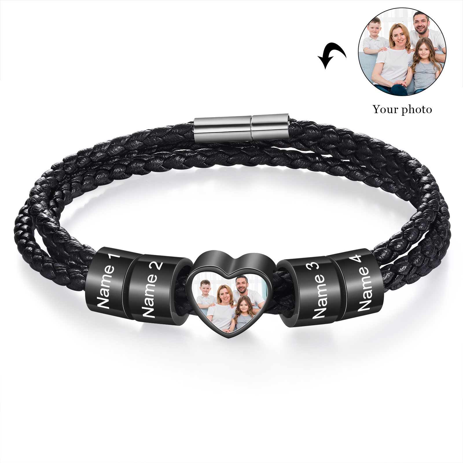 Personalised Men's Leather Bracelet Custom 1 Photo & 2–6 Names Black Gift for Him