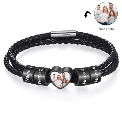 Personalised Men's Leather Bracelet Custom 1 Photo & 2–6 Names Black Gift for Him-Jessemade AU