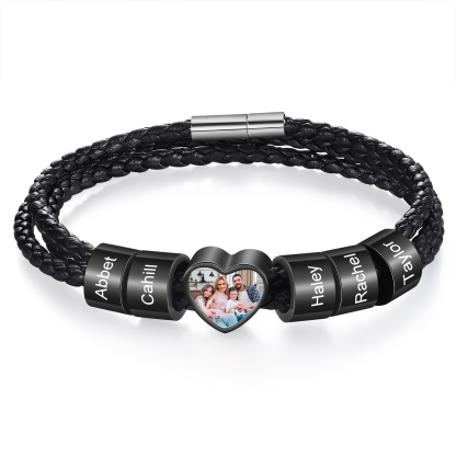 Personalised Men's Leather Bracelet Custom 1 Photo & 2–6 Names Black Gift for Him-Jessemade AU