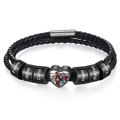 Personalised Men's Leather Bracelet Custom 1 Photo & 2–6 Names Black Gift for Him-Jessemade AU