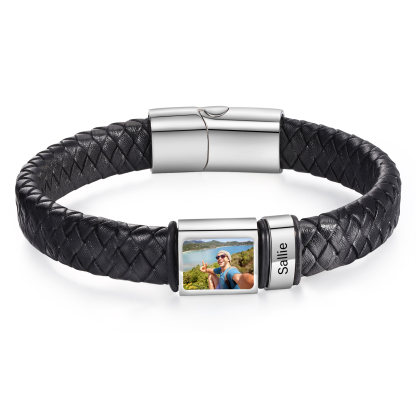 Personalised Men's Leather Bracelet Custom 1 Photo & 1–6 Names Black Silver Gift for Him-Jessemade AU