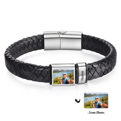 Personalised Men's Leather Bracelet Custom 1 Photo & 1–6 Names Black Silver Gift for Him-Jessemade AU