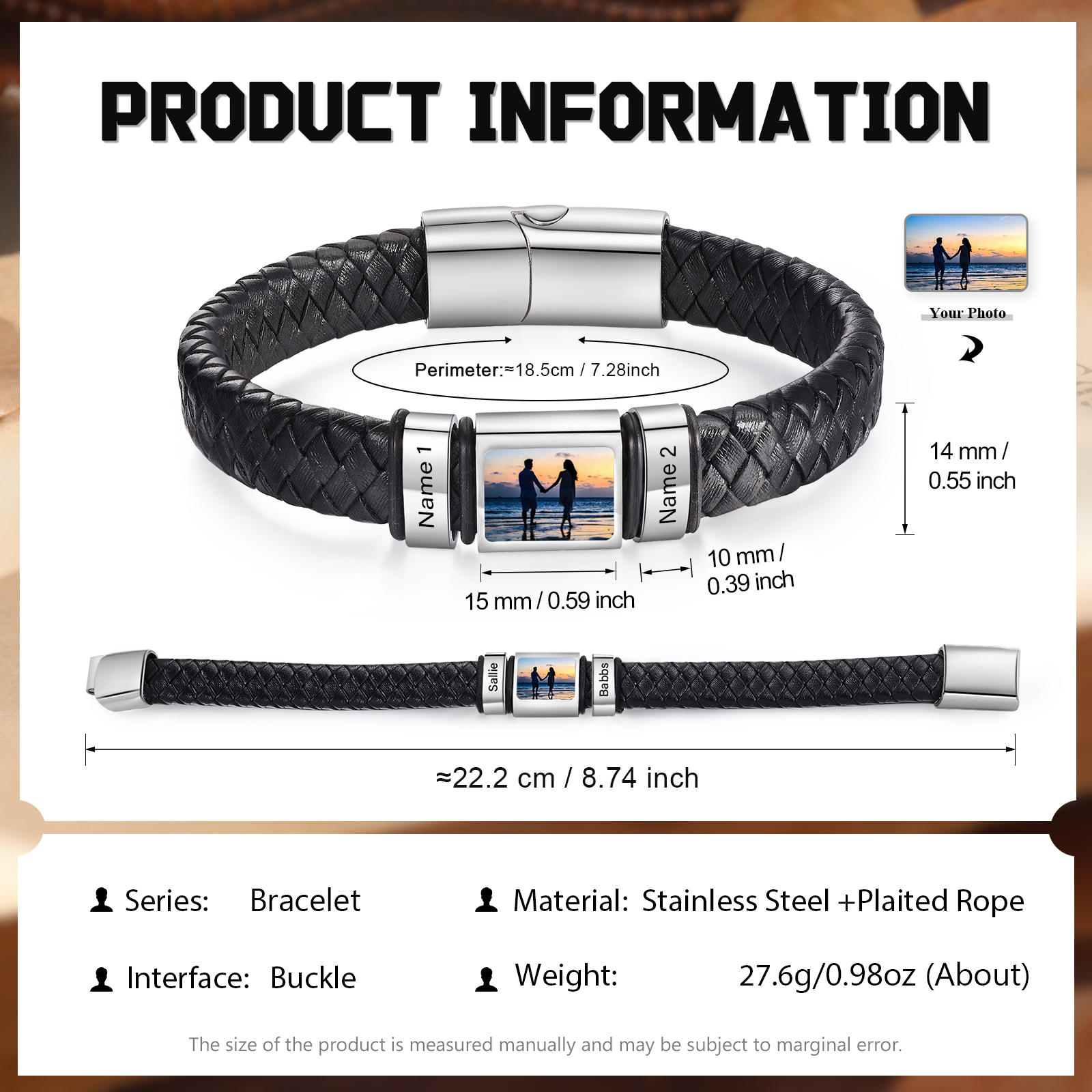 Personalised Men's Leather Bracelet Custom 1 Photo & 1–6 Names Black Silver Gifts for Him-Jessemade AU