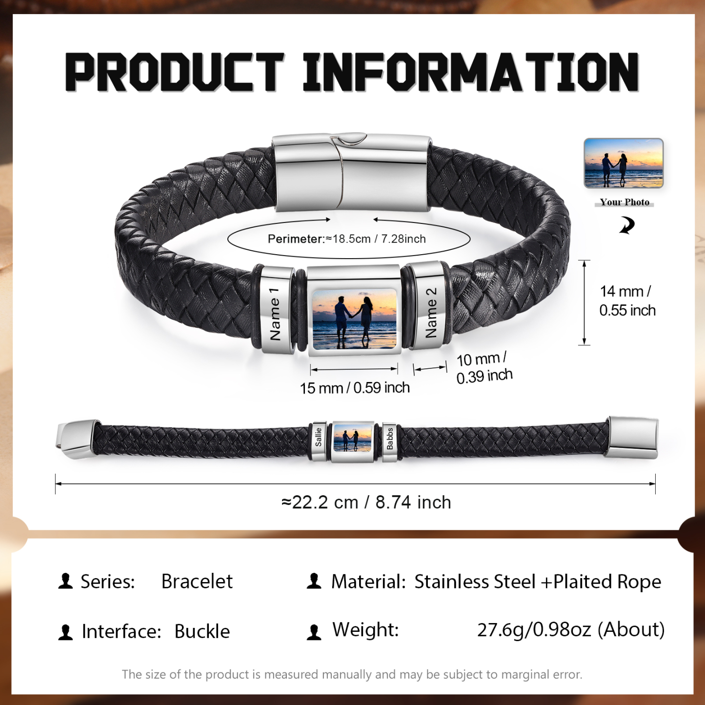 Personalised Men's Leather Bracelet Custom 1 Photo & 1–6 Names Black Silver Gifts for Him-Jessemade AU