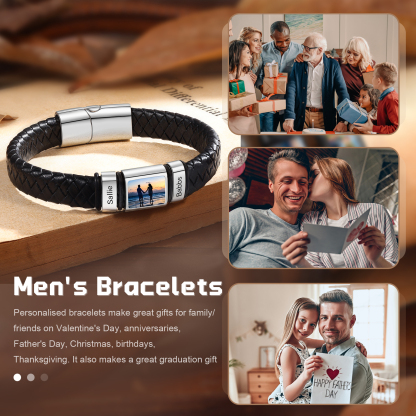 Personalised Men's Leather Bracelet Custom 1 Photo & 1–6 Names Black Silver Gifts for Him-Jessemade AU
