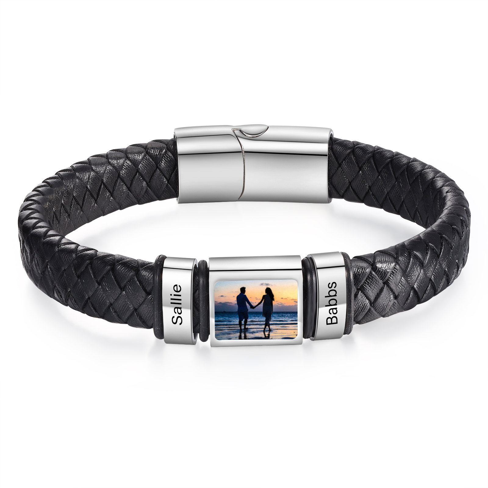 Personalised Men's Leather Bracelet Custom 1 Photo & 1–6 Names Black Silver Gift for Him-Jessemade AU