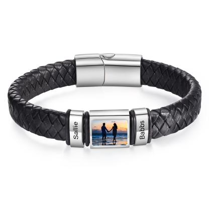Personalised Men's Leather Bracelet Custom 1 Photo & 1–6 Names Black Silver Gift for Him-Jessemade AU
