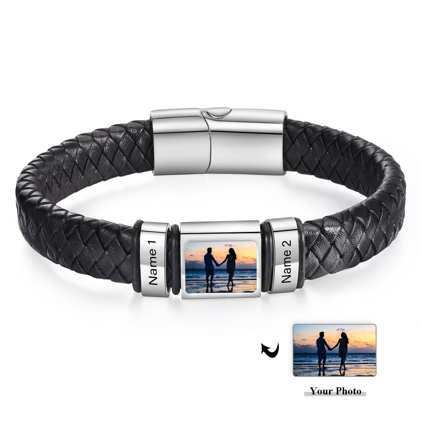 Personalised Men's Leather Bracelet Custom 1 Photo & 1–6 Names Black Silver Gifts for Him