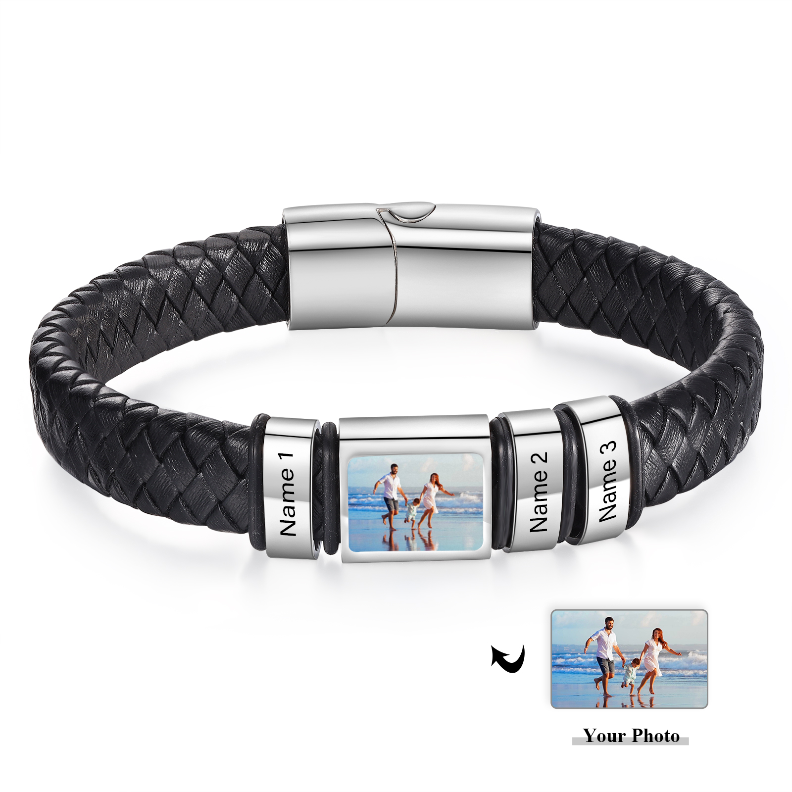Personalised Men's Leather Bracelet Custom 1 Photo & 1–6 Names Black Silver Gifts for Him-Jessemade AU