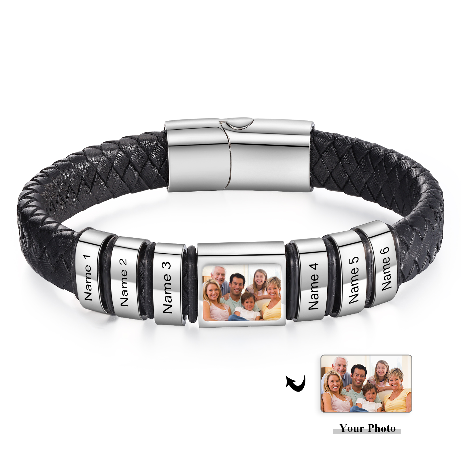 Personalised Men's Leather Bracelet Custom 1 Photo & 1–6 Names Black Silver Gifts for Him-Jessemade AU