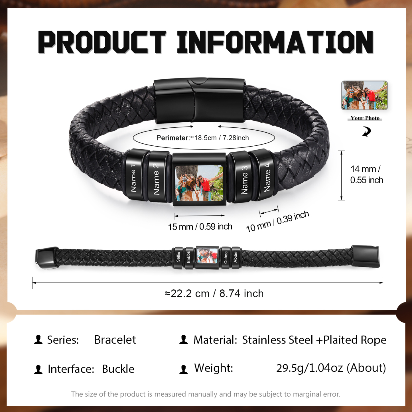 Personalised Men's Leather Bracelet Custom 1 Photo & 1–6 Names Black Silver Gift for Him-Jessemade AU